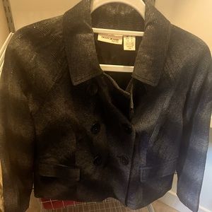 DKNY Petite size S. 3/4 sleeves, crop jacket. Navy, black, silver. Wool.